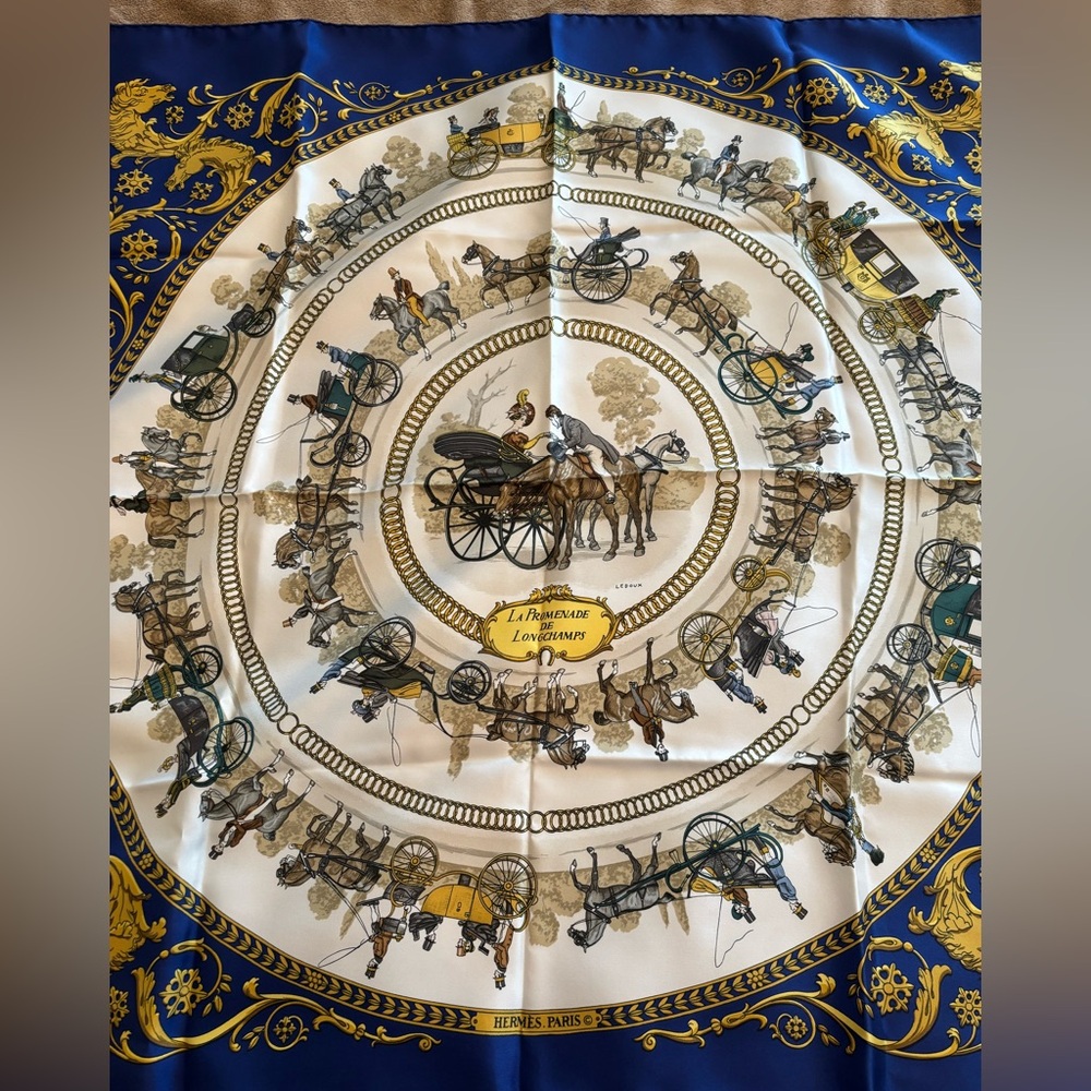 Hermes Vintage Rare Authentic La Promenade De Longchamps 100% Silk Scarf